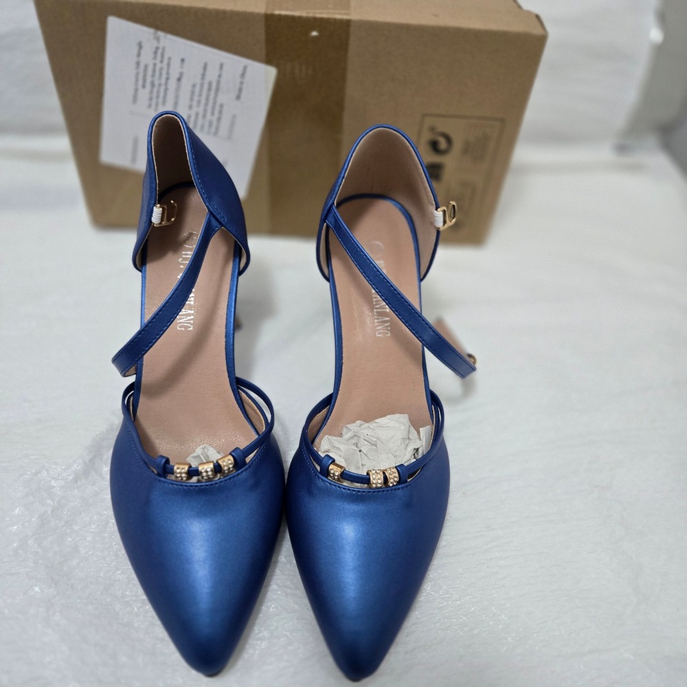 HJ.QIANLANG Royal Blue Satin Pointed Toe Ankle Strap‎ Heels Size 41 Rhinestone